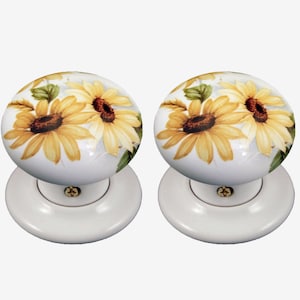 Ceramic Door Knob Set White Sunflower Design (Pair)