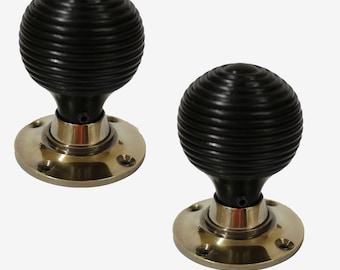 Ebony Wooden Polished Aged Brass Beehive Mortice Door Knobs
