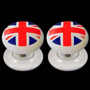 Ceramic Door Knob Set White Union Jack Flag Design (Pair)