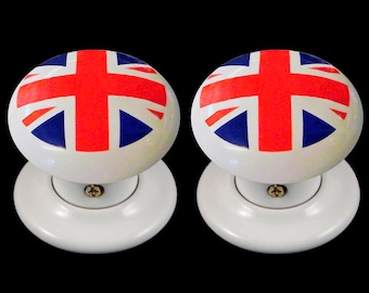 Ceramic Door Knob Set White Union Jack Flag Design (Pair)