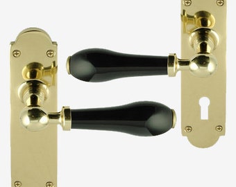 Zwart porseleinen hendel deurhandvat op backplate gepolijst messing