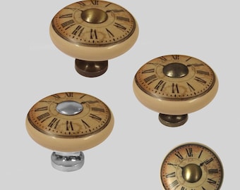 Set Of 4 Stylish Cream Ceramic Donut Knobs - Vintage Clock Design Various Finishes Available