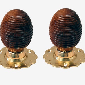 Brown Beehive Wooden Mortice / Rim Knob Set Polished Brass Fluted Base