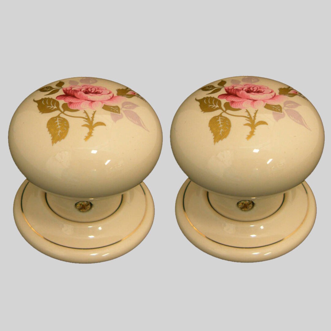 Ceramic Door Knob Set Cream Chintz Rose Design pair Etsy