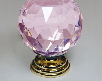 Pink Crystal Cut Glass Cupboard Drawer Knobs Polished Gold Base (each)