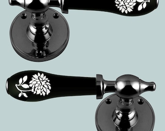 Black Porcelain Lever Door Handle On Rose Black Chrome White Dahlia Design