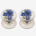 Ceramic Door Knob Set White Blue Poppy Design (Pair)