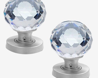 Crystal Cut Glass Door Knob Set Satin Chrome Base (Pair)