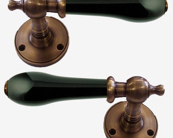 Black Porcelain Lever Door Handle On Rose Antique Brass