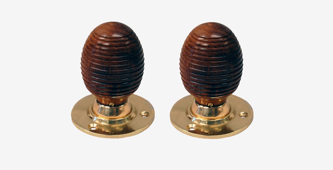 Brown Wood Polished Brass Beehive Mortice Door Knobs - The Ceramic