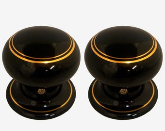 Zestaw ceramicznych gałek do drzwi w kolorze czarnym, z podwójnym złotym wzorem (para)