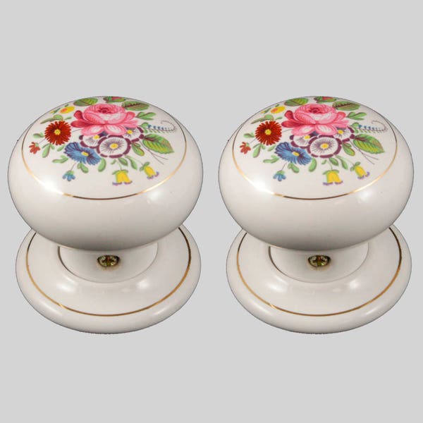 Ensemble de poignées de porte en céramique, motif floral blanc chintz (paire)