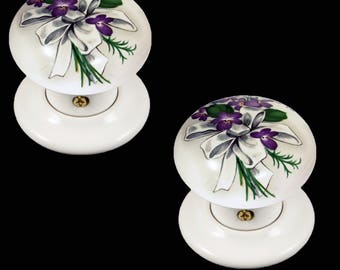 Ceramic Door Knob Set White Sweet Violets Design (Pair)