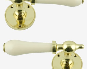 Cream Porcelain Lever Door Handle On Rose Polished Brass