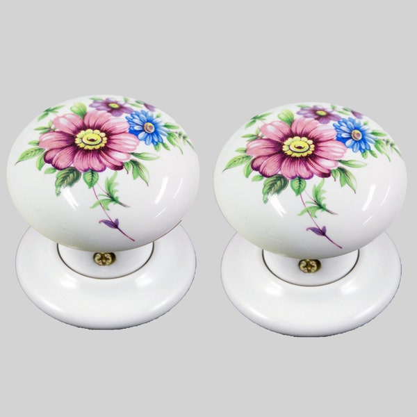 Ceramic Door Knob Set White English Flower Design (Pair)