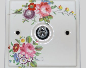 White Porcelain Single Toggle Switch Floral Chintz Design