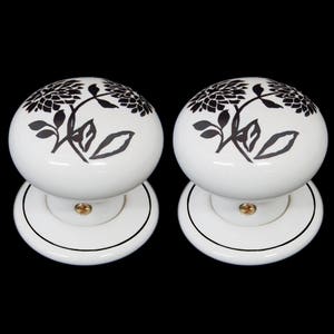 Ceramic Door Knob Set White Black Dahlia Design (Pair)