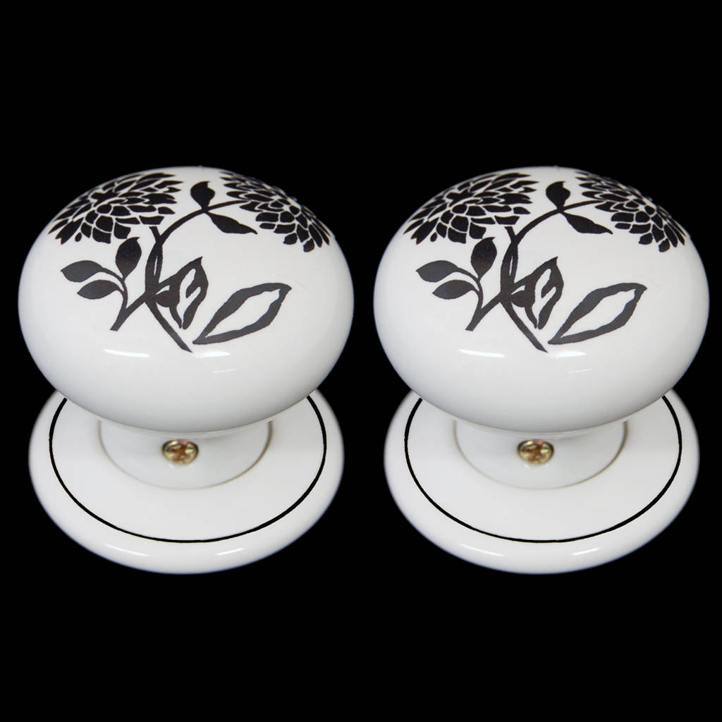 Ceramic Door Knob Set White Black Dahlia Design pair Etsy