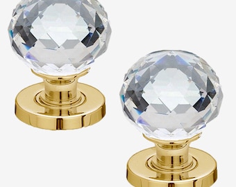 Crystal Cut Glass Door Knob Set Polished Brass Base (Pair)