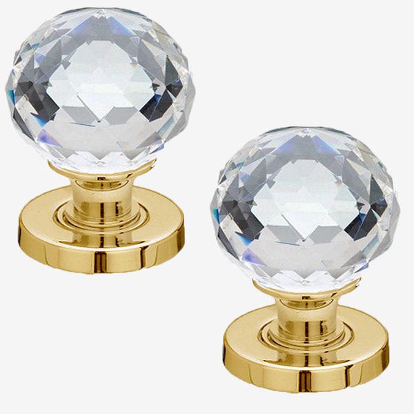 Crystal Cut Glass Door Knob Set Polished Brass Base (Pair)