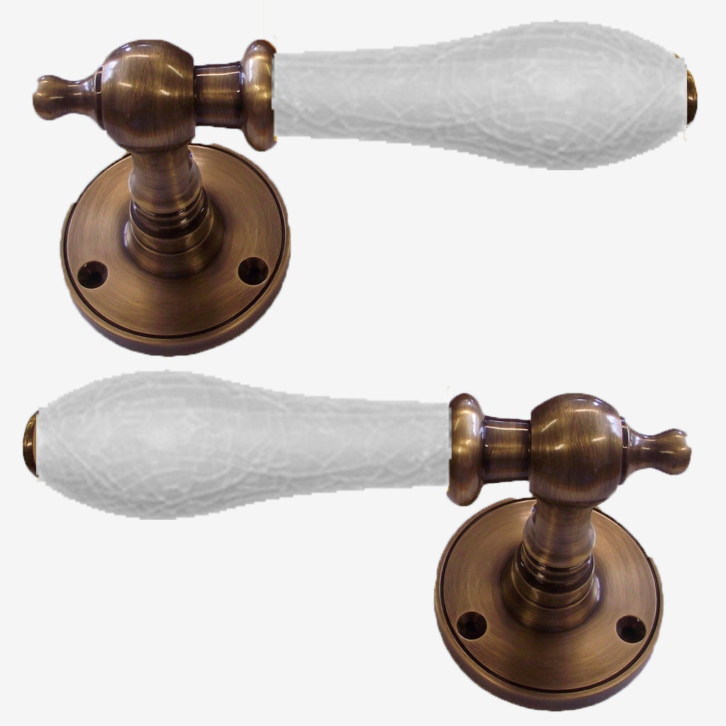 White Crackle Porcelain Lever Door Handle On Rose Antique Brass