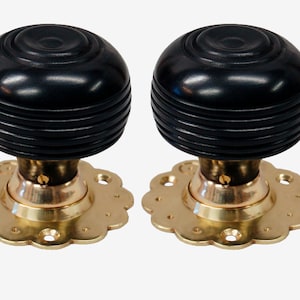 Ebony Black Cottage Mortice / Rim Knob Set Polished Brass Fluted Base