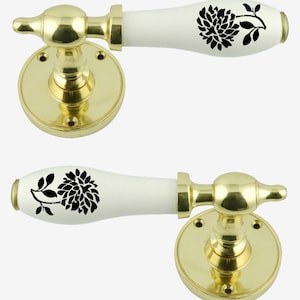 White Porcelain Lever Door Handle On Rose Polished Brass Black Dahlia Design