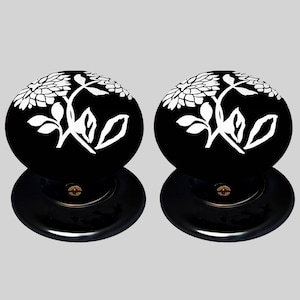 Ceramic Door Knob Set Black  White Dahlia Design (Pair)