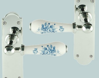 White Porcelain Lever Door Handle On Backplate Polished Chrome Saxony Design