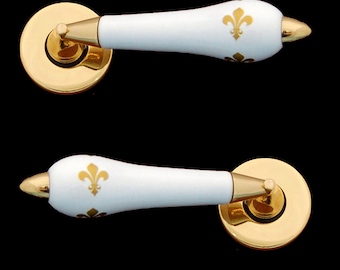 Traditional Polished Gold Lever Door Handles (Pair) Fleur De Lys Design