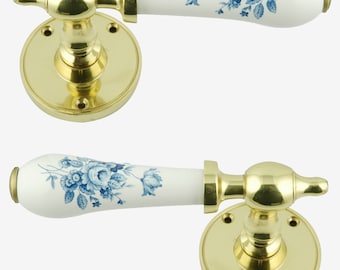White Porcelain Lever Door Handle On Rose Polished Brass Saxony Design