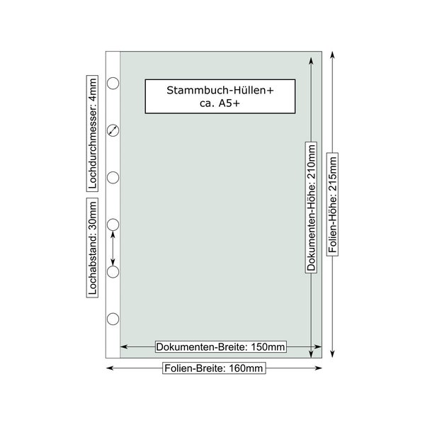 Pack of 10 • Stammbuch-Hüllen+ with 6-fold perforation for certificates approx. A5+