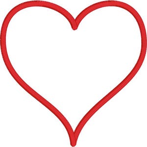 May include: A red heart outline on a white background. The heart shape is a continuous line, with a rounded top and a pointed bottom. The red color is vibrant and stands out against the white.