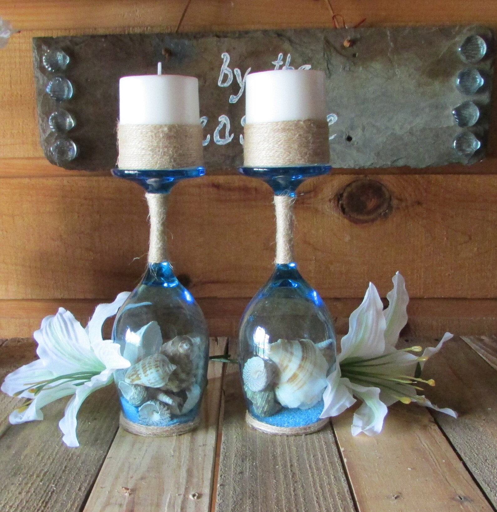 Blue Wine Glass Candle Holders. Seashell Candle Holders. Beach Etsy