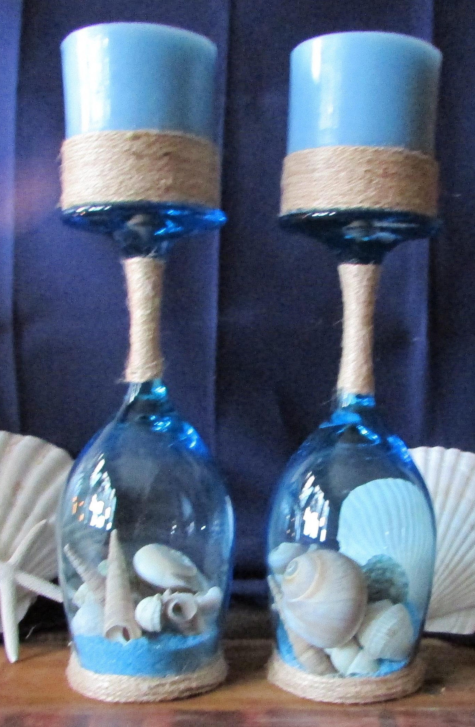 Blue Wine Glass Candle Holders. Seashell Candle Holders. Beach Etsy