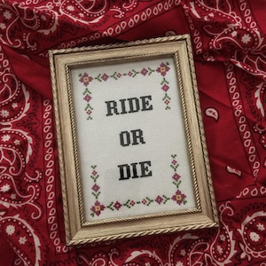 Może przedstawiać: Ramka z haftem krzyżykowym o białym tle i złotym obramowaniu. Haft przedstawia kwiatowy wzór i napis "RIDE OR DIE" w kolorze czarnym.