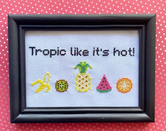 Cute Cross Stitch - Completed Piece with frame- "Tropic like it's hot!"