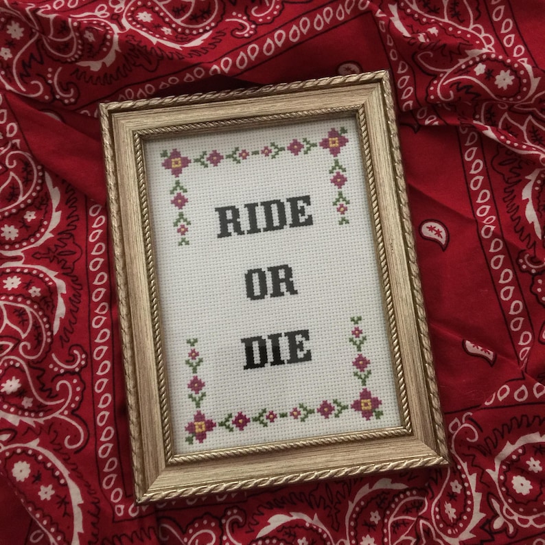May include: A framed cross-stitch with a white background and a gold frame. The cross-stitch features a floral border and the text "RIDE OR DIE" in black.