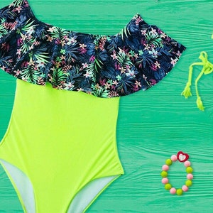One piece off shoulder swimsuit tropical yellow size S,M,L.