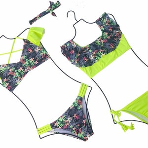 Mommy and Me (SET of 2) tropical yellow bikini swimsuit for MOMS  (S,M,L ) and bikini for daughter