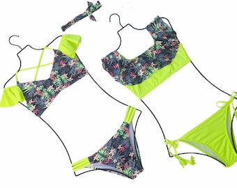 Mommy and Me (SET of 2) tropical yellow bikini swimsuit for MOMS  (S,M,L ) and bikini for daughter