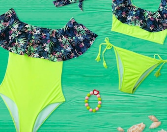 Mommy and Me (SET of 2) one piece off shoulder swimsuit  tropical Yellow for mom and one piece or bikini swimsuit for daughter