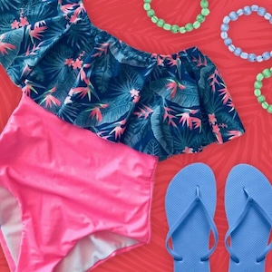 One piece off shoulder swimsuit tropical pink for mom size S,M,L.