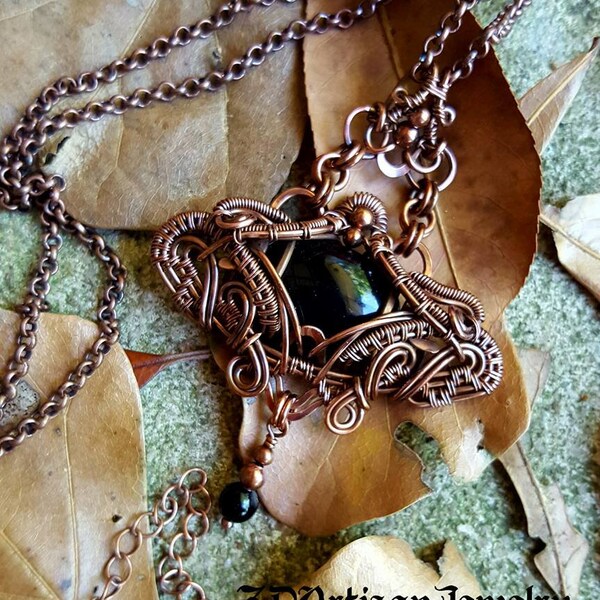 Khepri: black agate antiqued copper wire wrapped pendant necklace