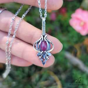Amyrha: unique handmade fantasy dainty mini talisman pendant necklace with genuine ruby gemstone in antiqued solid 925 sterling silver
