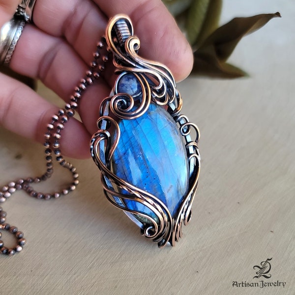 Sensa: unique handmade ethereal healing statement talisman pendant necklace with genuine labradorite and sodalite in antiqued copper