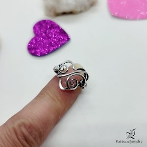 Unique handmade ornate swirly Heart ring wire wrapped in antiqued solid 925 sterling silver size about 5