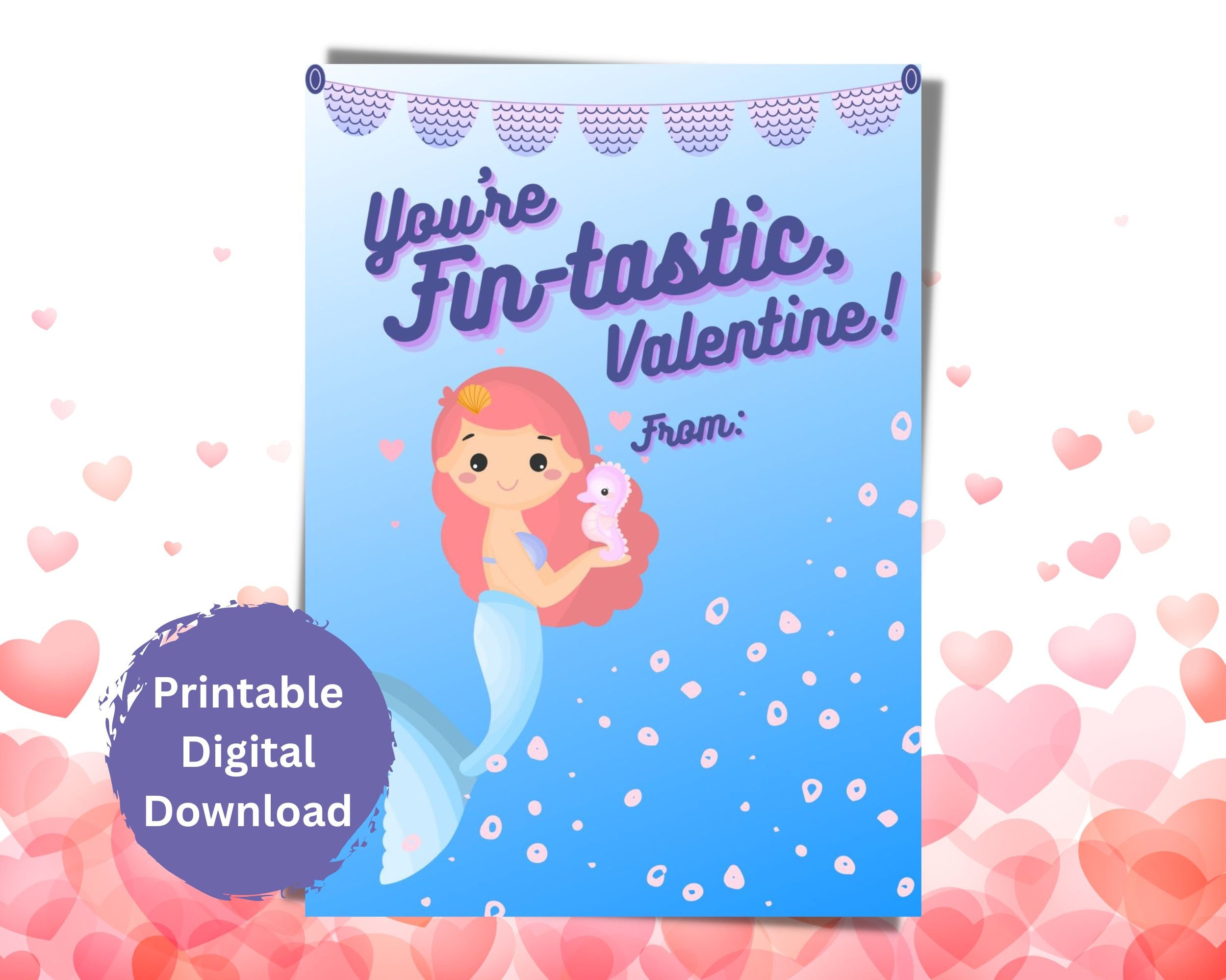 Printable Mermaid Valentine for Kids, Cards for Valentine's Day School ...