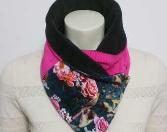 Tour de cou coloré femme/écharpe/col/étole/snood. Hiver, chaud, polaire anthracite, velours rose, coton fleuri, cadeau de noël. France