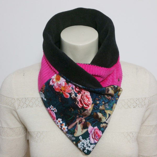 Tour de cou coloré femme/écharpe/col/étole/snood. Hiver, chaud, polaire anthracite, velours rose, coton fleuri, cadeau de noël. France